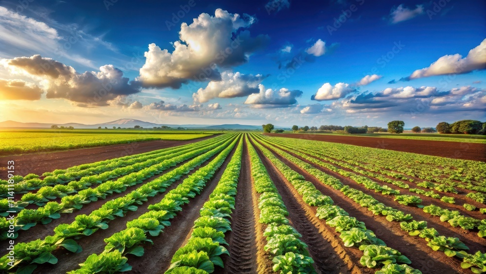 Agricultural field with rows of fresh vegetables growing under the blue sky, rural, agriculture, farm, vegetables, field, rows Agricultural field with rows of fresh vegetables growing under the blue sky, rural, agriculture, farm, vegetables, field, rows