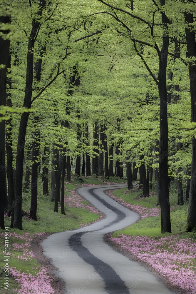 Obraz premium A winding road through a lush green forest, adorned with pink petals along the edges.