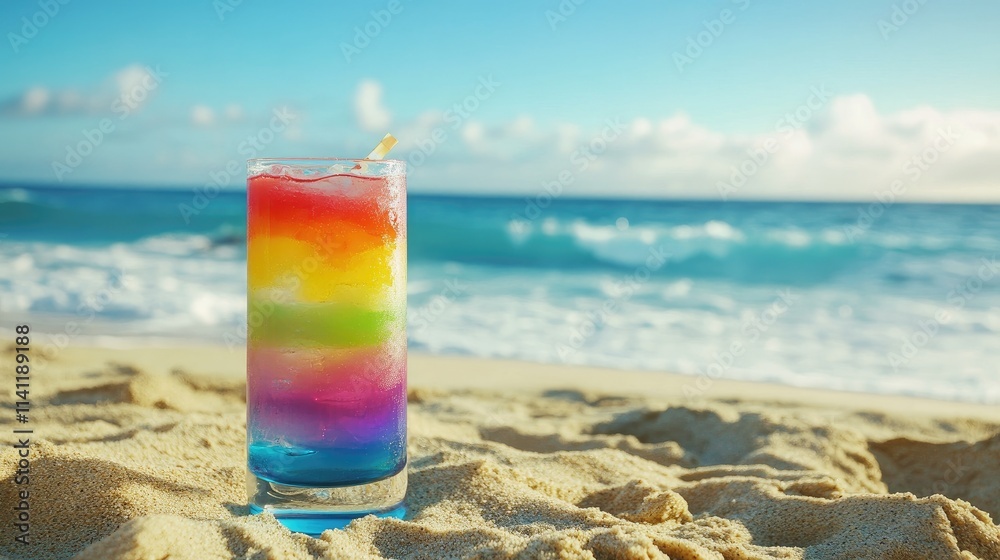 Colorful Rainbow Drink on a Sandy Beach by the Ocean Waves Colorful Rainbow Drink on a Sandy Beach by the Ocean Waves