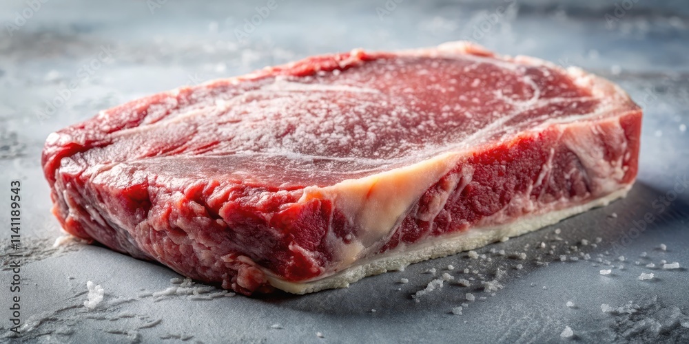 Frozen beef slab covered in frost, raw, meat, food, frozen, beef, steak, cooking, ingredient, protein, fresh, red, icy