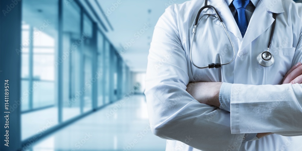 Doctor with arms crossed with stethoscope in clinic Doctor with arms crossed with stethoscope in clinic