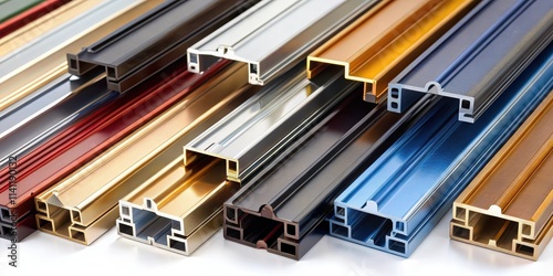 Various samples of anodized aluminum profiles showcasing different colors and finishes, metal, anodized, aluminum