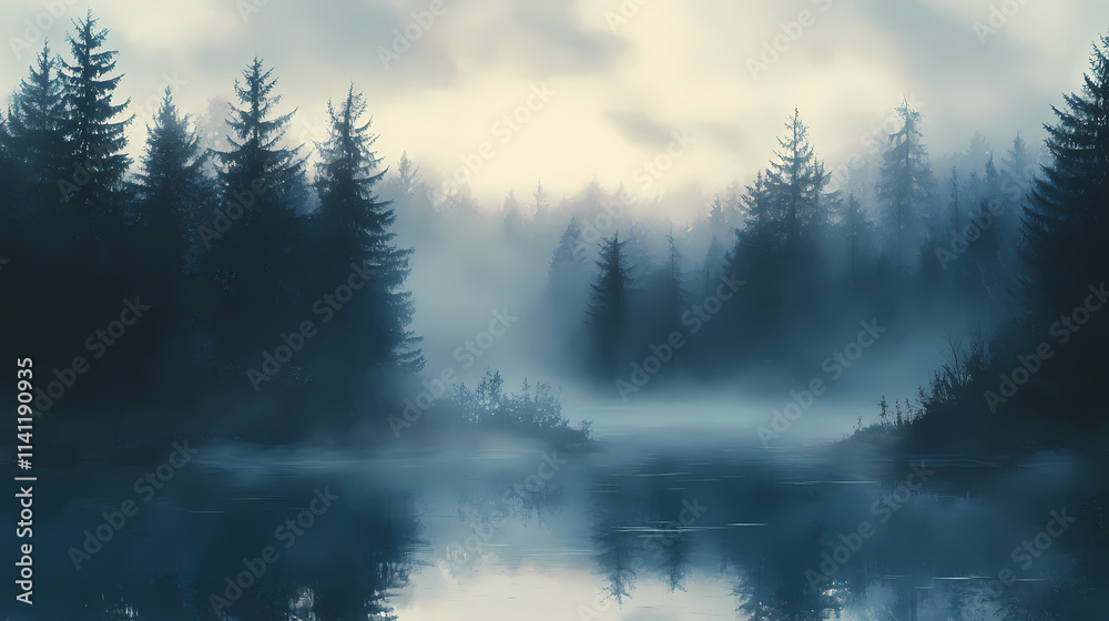 Misty retro landscape featuring a fir forest in a tranquil atmosphere at dawn. Dawn. Illustration