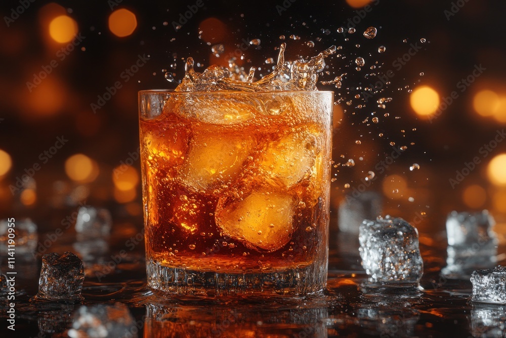 Refreshing Sweet Tea Splash Poured Over Ice Cubes in Glass Summer Drink Refreshing Sweet Tea Splash Poured Over Ice Cubes in Glass Summer Drink