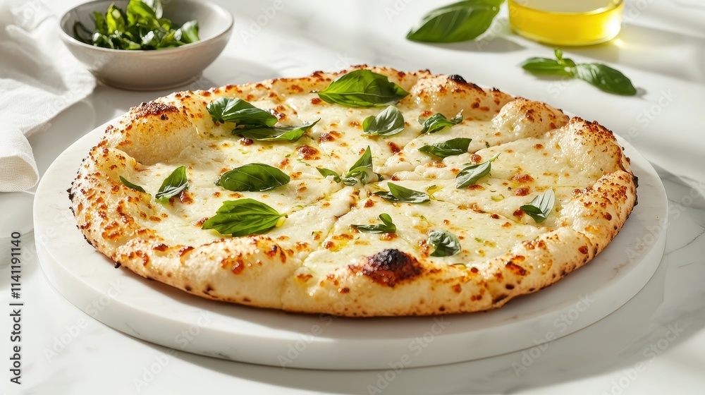 Delicious White Pizza with Fresh Basil and Olive Oil on a Marble Background Italian food Delicious White Pizza with Fresh Basil and Olive Oil on a Marble Background Italian food
