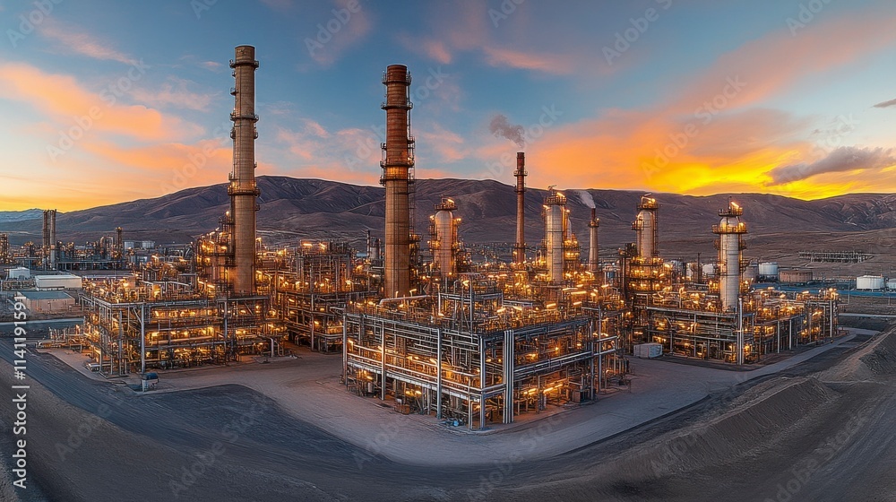 Obraz premium A petrochemical plant at twilight, with an atmospheric glow from the plant's lights and flares contrasting with the rich colors of the twilight sky, emphasizing industrial energy production.