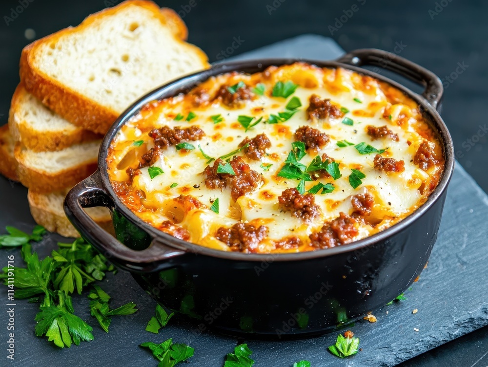 Delicious Baked Pasta Casserole Topped with Cheese, Meat, and Fresh Parsley Italian food