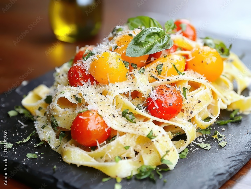 Italian food Fresh Fettuccine with Colorful Cherry Tomatoes and Basil on Slate Plate Italian food Fresh Fettuccine with Colorful Cherry Tomatoes and Basil on Slate Plate