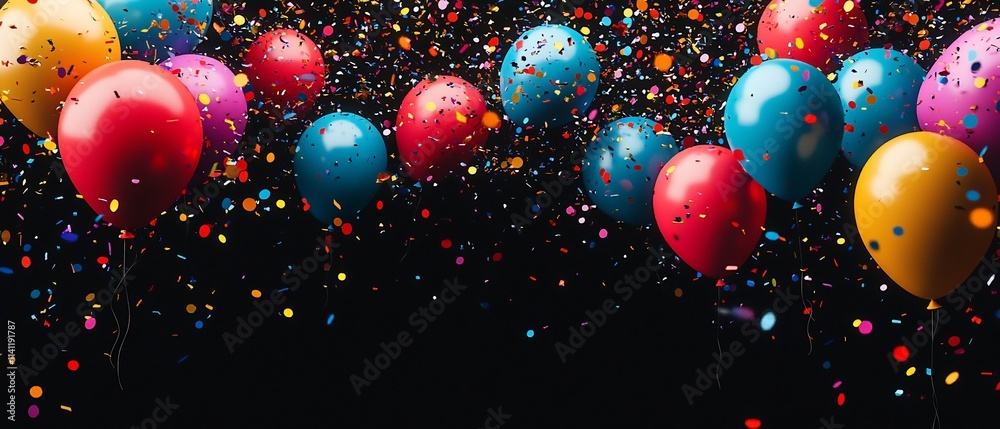 Colorful balloons and confetti on black background. (1) Colorful balloons and confetti on black background. (1)