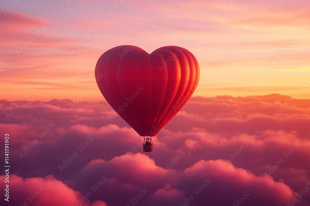 Obraz premium A bright red, heart-shaped hot air balloon floating over the sky and clouds on the sunset