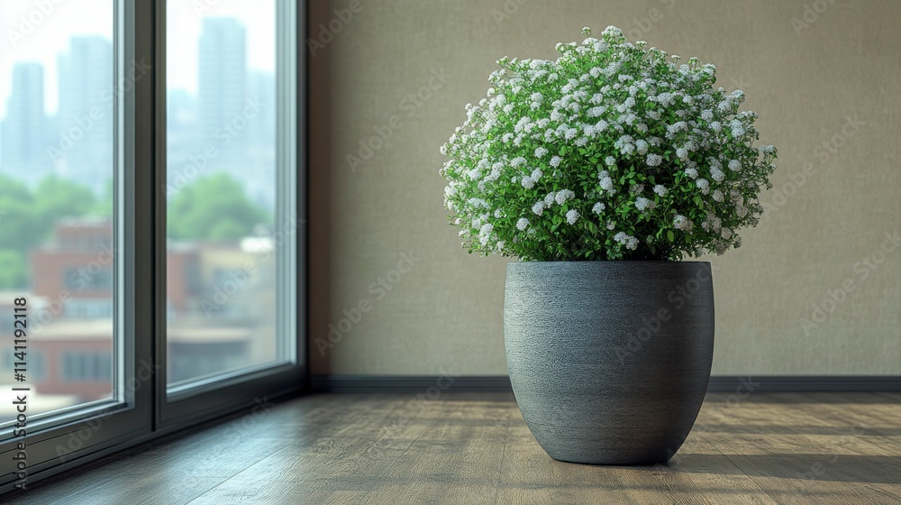 Fototapeta premium Simple yet elegant empty podium with gypsophila flowers, set against a beige background, creating a timeless and serene atmosphere for a showcase or ceremonial event.