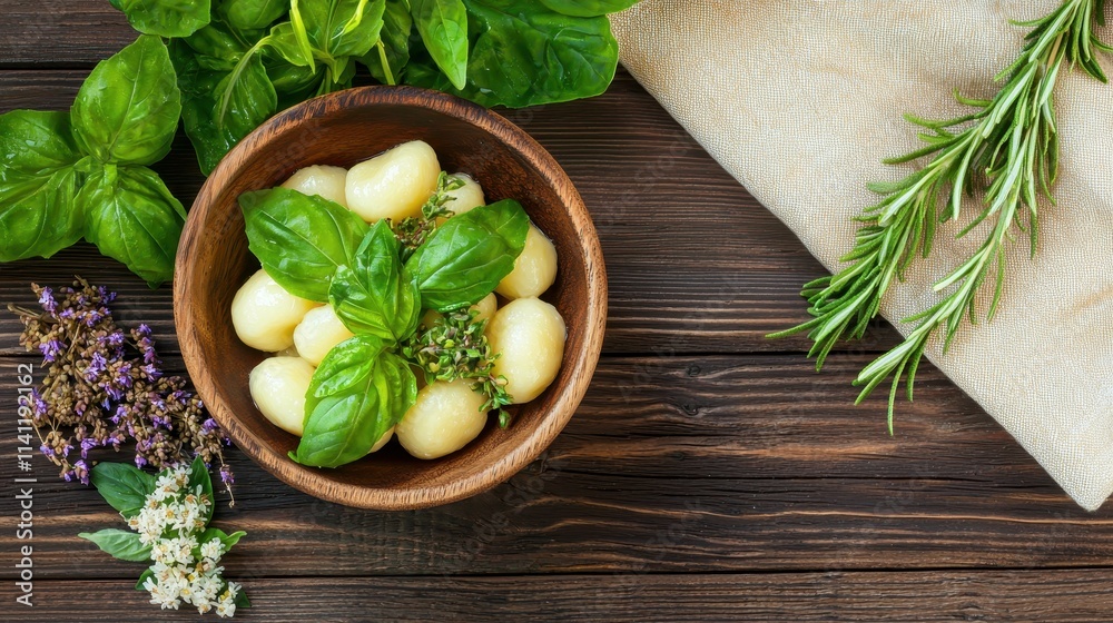 Italian food Fresh Herbs and Gnocchi in Wooden Bowl with Kitchen Towel on Rustic Wooden Table Italian food Fresh Herbs and Gnocchi in Wooden Bowl with Kitchen Towel on Rustic Wooden Table