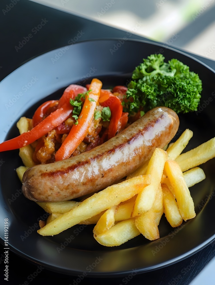 Unhealthy Sausage with fried french fries fast food meal Unhealthy Sausage with fried french fries fast food meal