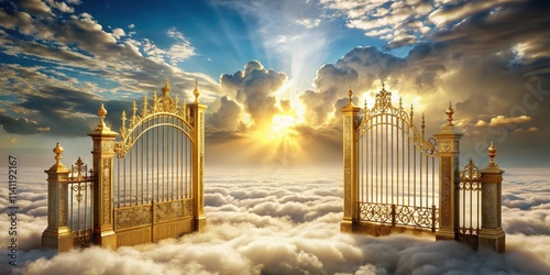 Golden gates leading to heaven with clouds in the background, pearly gates, gateway, heaven, golden, clouds