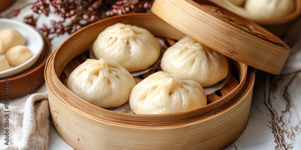 A Close-Up View of Four Steamed Buns in Small Bamboo Steamers with Wooden Lid on a Table Surrounded by Decorative Elements and Fabrics A Close-Up View of Four Steamed Buns in Small Bamboo Steamers with Wooden Lid on a Table Surrounded by Decorative Elements and Fabrics