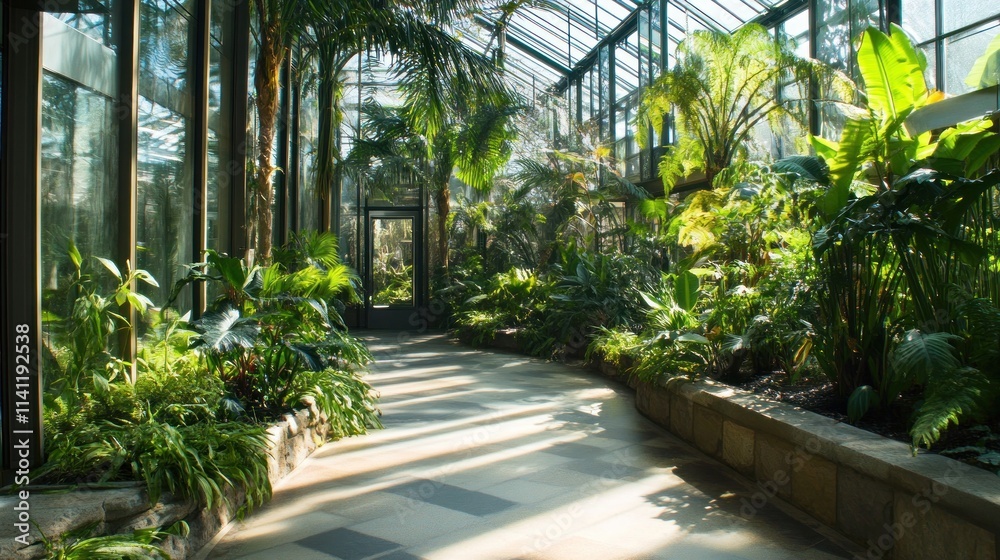 Sunlit path in a lush botanical garden greenhouse with various tropical plants.