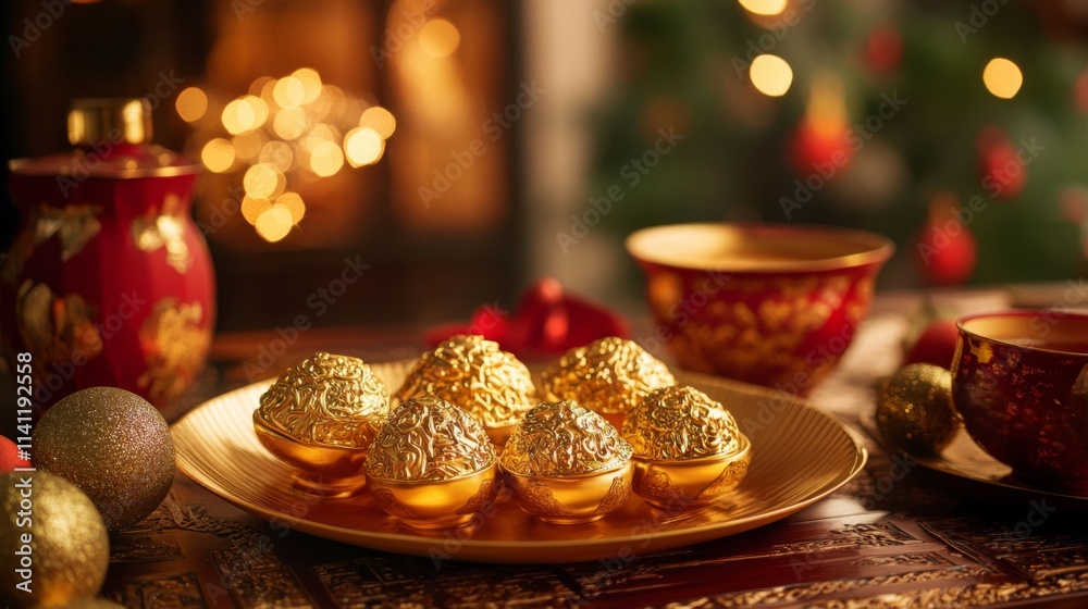 Golden Treasure Bowls Decorated Festive Holiday Setting
