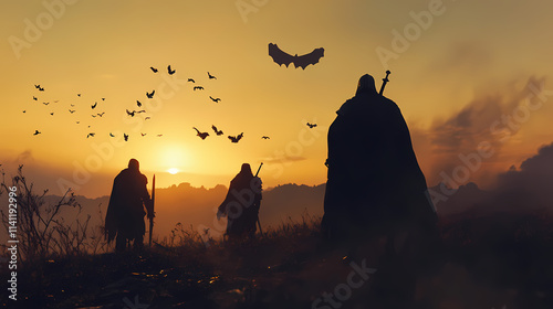 As dawn breaks on the battlefield, the advancing dark knights confront a legendary guardian, testing their mettle and determination in a final showdown. Dawn. Illustration