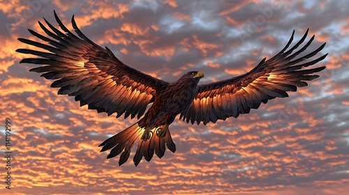 Fiery eagle in flight against a dramatic sunset sky.