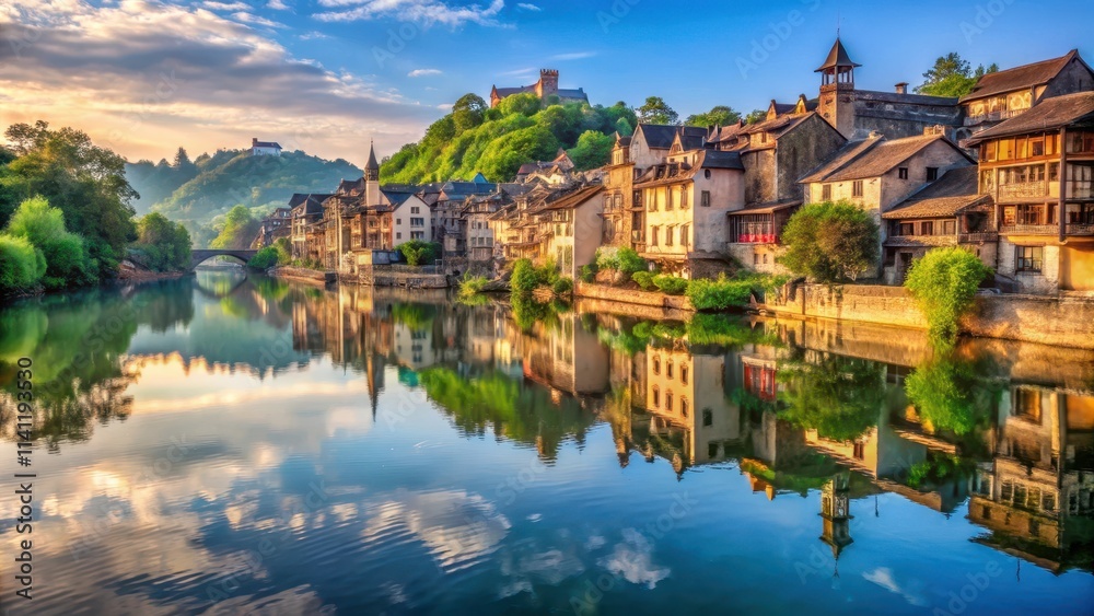 A tranquil ancient town reflecting in the calm waters of a river , ancient, town, reflection, old, historic, vintage A tranquil ancient town reflecting in the calm waters of a river , ancient, town, reflection, old, historic, vintage