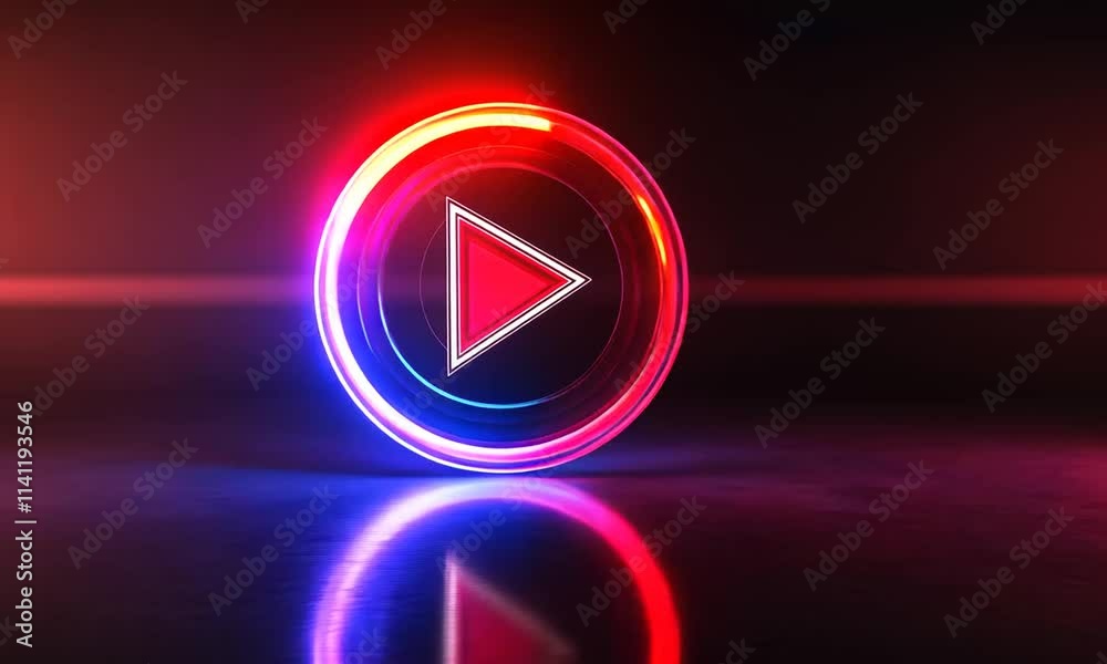 Neon Play Button Glowing in Dark Setting with Reflective Surface Neon Play Button Glowing in Dark Setting with Reflective Surface