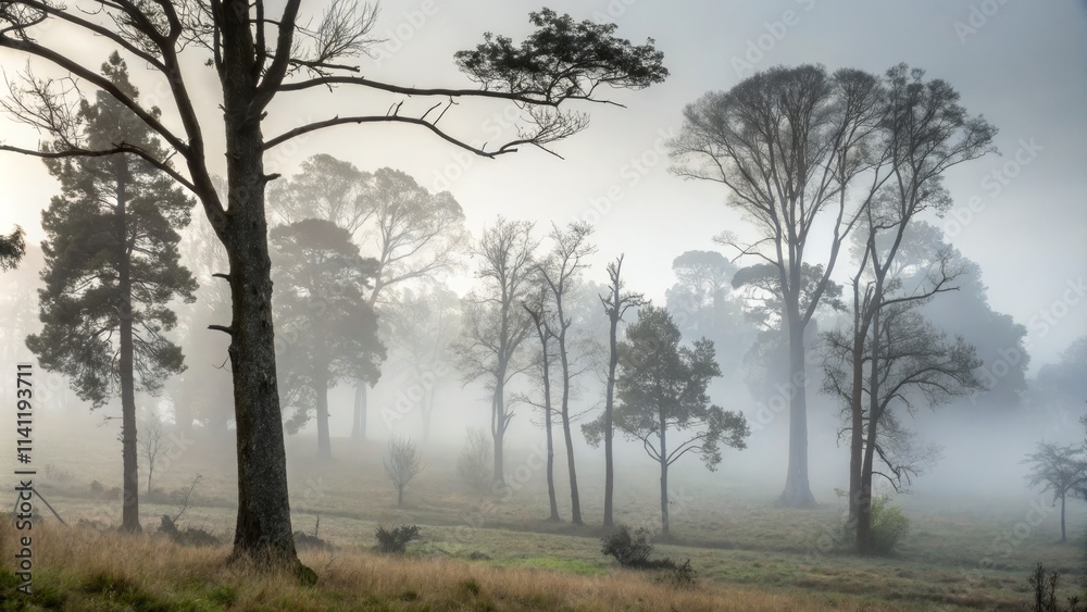 Dense fog covering a serene nature landscape with tall trees barely visible Dense fog covering a serene nature landscape with tall trees barely visible