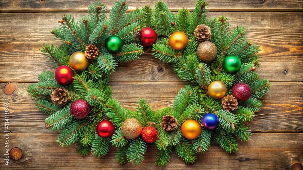 Christmas wreath made from spruce branches adorned with colorful christmas ornaments and baubles