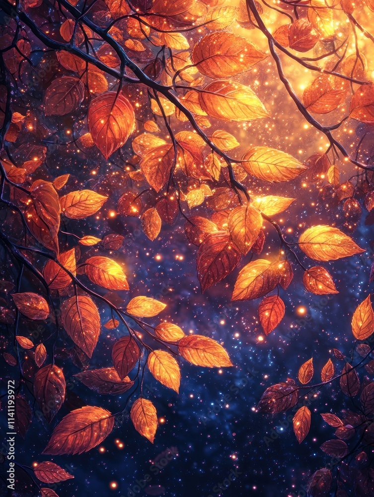 Twilight Forest Scene with Vibrant Leaves and Shimmering Stars in Fantasy Illustration Twilight Forest Scene with Vibrant Leaves and Shimmering Stars in Fantasy Illustration