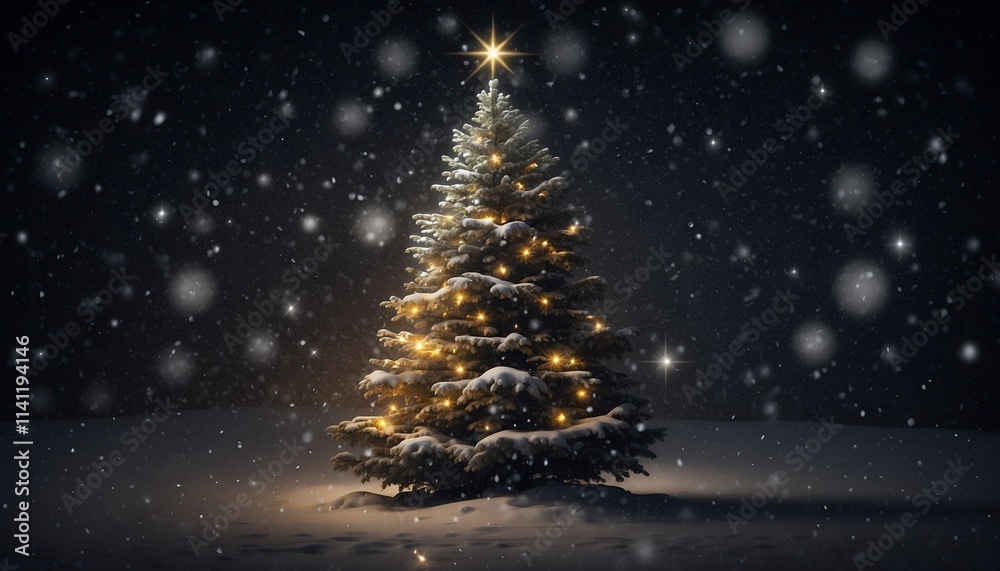 Sparkly Christmas tree with yellow xmas lights and glowing star on top, festive night and snow falls, soft bokeh light effect and snowy on ground background, spotlighted in scene, wallpaper Sparkly Christmas tree with yellow xmas lights and glowing star on top, festive night and snow falls, soft bokeh light effect and snowy on ground background, spotlighted in scene, wallpaper