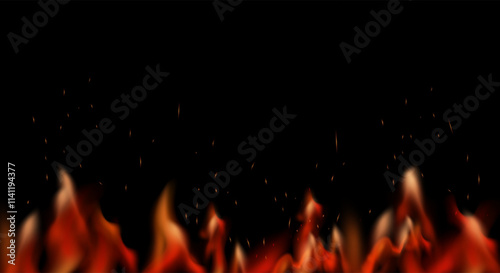 Isolated Translucent Fire Flames flames effect and Sparks effect on black background. Fire Realistic Light Burning fires smoke flying in the air. Burning glowing particles. Sparks are realistic.