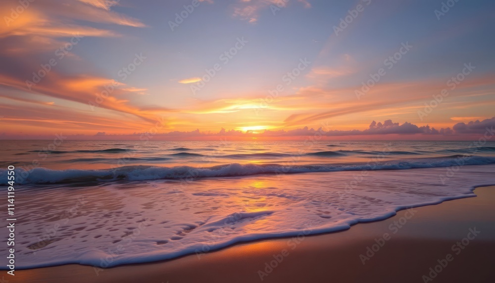 A serene beach sunset with vibrant colors reflecting on the water. A serene beach sunset with vibrant colors reflecting on the water.