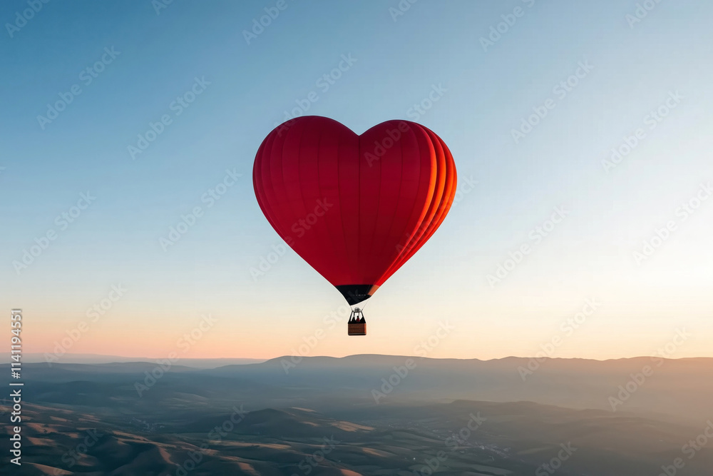 Fototapeta premium A bright red, heart-shaped hot air balloon floating over a green field on a clear evening day with a beautiful sunset