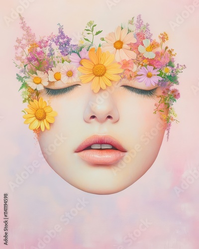 A serene portrait of a woman adorned with vibrant flowers representing nature's beauty.