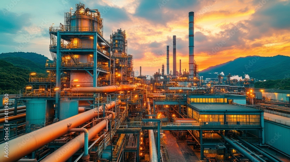 Industrial factory exterior with a complex tangle of pipes and ducts, set against a backdrop of large industrial buildings and smokestacks, showcasing the complexity of industrial infrastructure. Industrial factory exterior with a complex tangle of pipes and ducts, set against a backdrop of large industrial buildings and smokestacks, showcasing the complexity of industrial infrastructure.