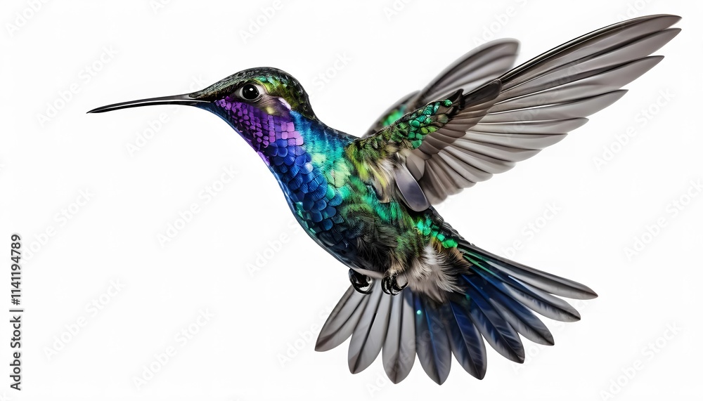 Obraz premium Hummingbird in Flight Graceful Wings Against a Blank Canvas