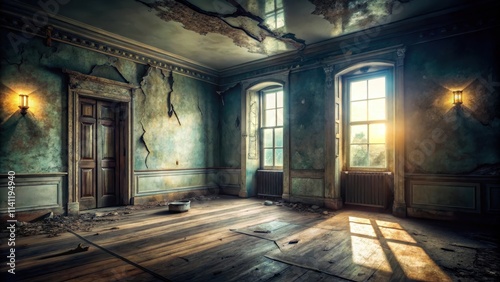 Spooky room in abandoned house with cracked walls and eerie lighting, derelict, spooky, room, abandoned, house, cracked walls