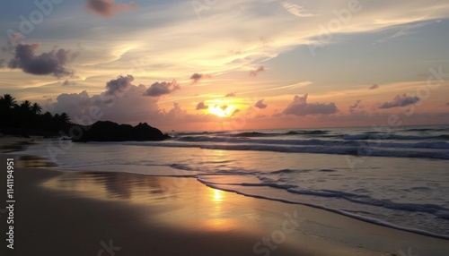 A serene beach at sunset, with waves gently lapping at the shore under a colorful sky.