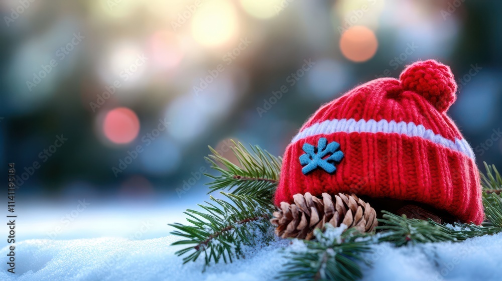 Obraz premium Cozy Red Knit Winter Hat in Snowy Scene with Pine Branches and Pinecone