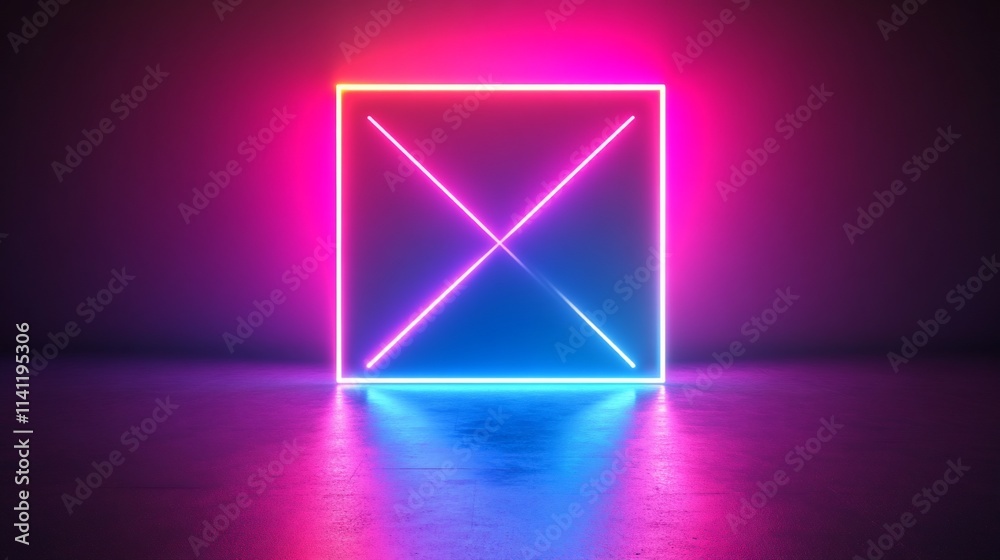 Glowing neon square with intersecting lines, reflecting on dark floor. Glowing neon square with intersecting lines, reflecting on dark floor.