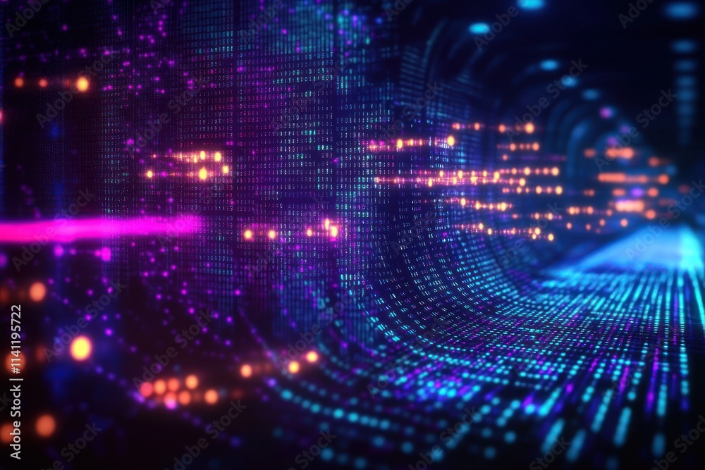 Obraz premium Futuristic Cyberpunk Digital Landscape with Neon Light and Binary Code in Dark Void
