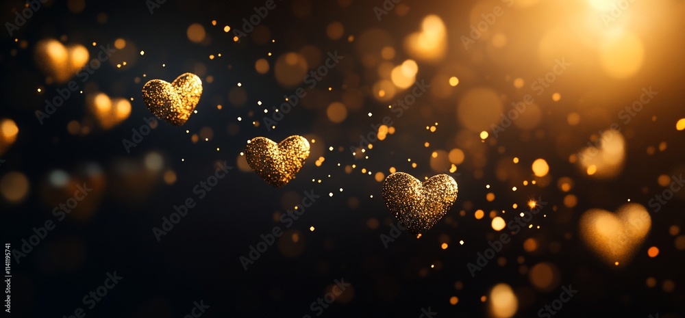 Golden hearts sparkle on dark background. (1) Golden hearts sparkle on dark background. (1)