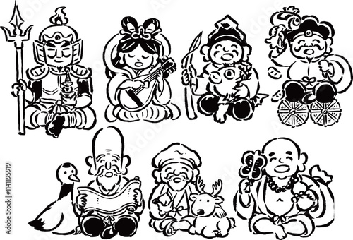 七福神　筆タッチ手描き　座りポーズ単色線画イラストセット photo