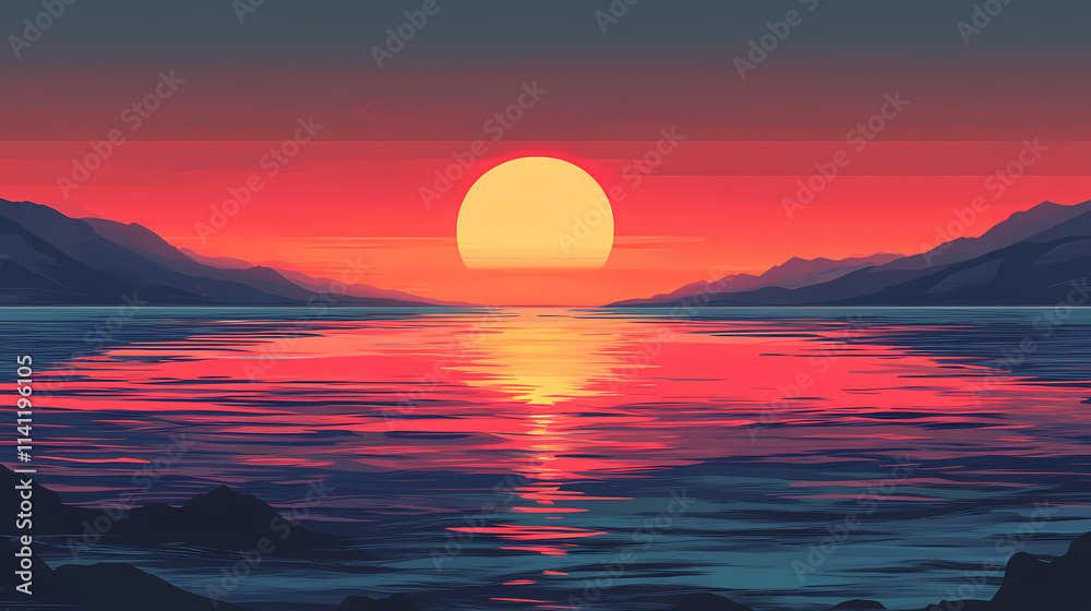 A beautiful sunset with a bright orange sun in the sky. Dawn. Illustration A beautiful sunset with a bright orange sun in the sky. Dawn. Illustration