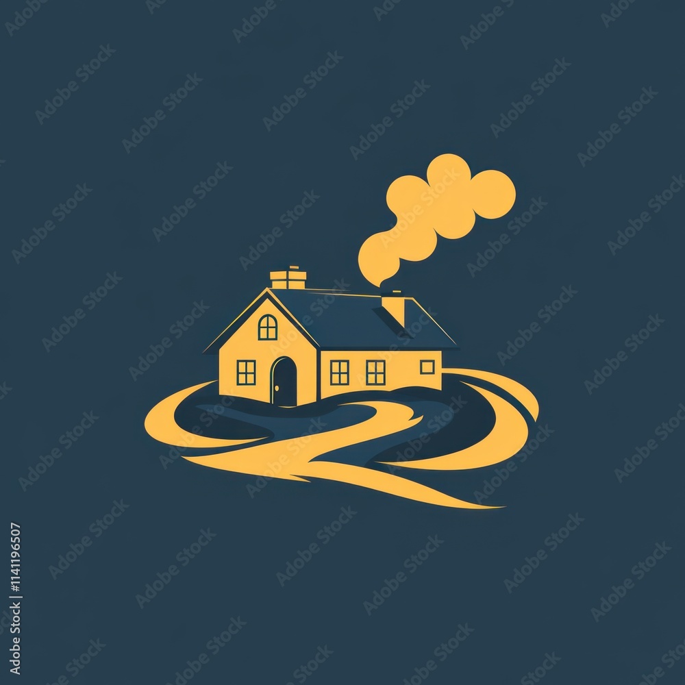 Fototapeta premium A stylized illustration of a house with smoke, surrounded by swirling lines.