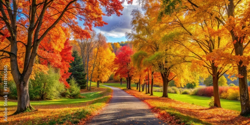 Beautiful autumn landscape with path surrounded by colorful trees , autumn, landscape, path, colorful, trees, foliage Beautiful autumn landscape with path surrounded by colorful trees , autumn, landscape, path, colorful, trees, foliage