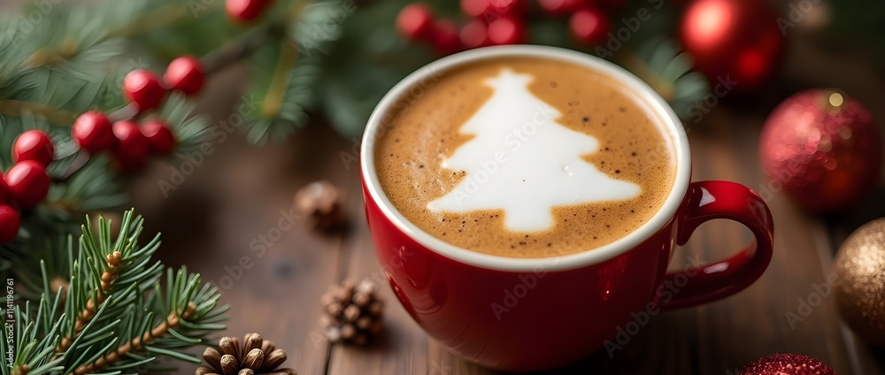 Coffee cup with foam Christmas tree design on the table surrounded by Christmas decorations. Coffee cup with foam Christmas tree design on the table surrounded by Christmas decorations.