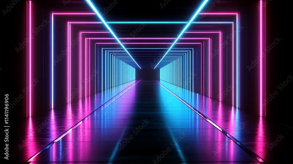 Neon lights tunnel reflecting on glossy floor. Neon lights tunnel reflecting on glossy floor.