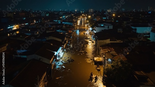 Nighttime floodwaters inundate a city street and homes