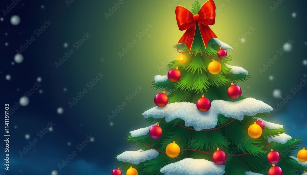 A decorated Christmas tree with ornaments and snow, set against a snowy background. A decorated Christmas tree with ornaments and snow, set against a snowy background.