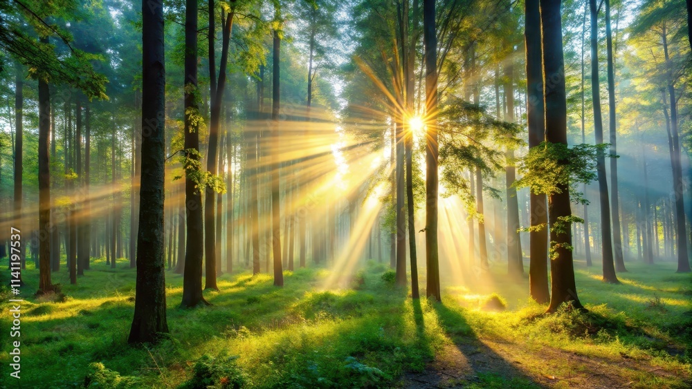 Naklejka premium Morning sun rays shining through the trees in a peaceful forest , sunlight, nature, trees, forest, morning, golden, rays